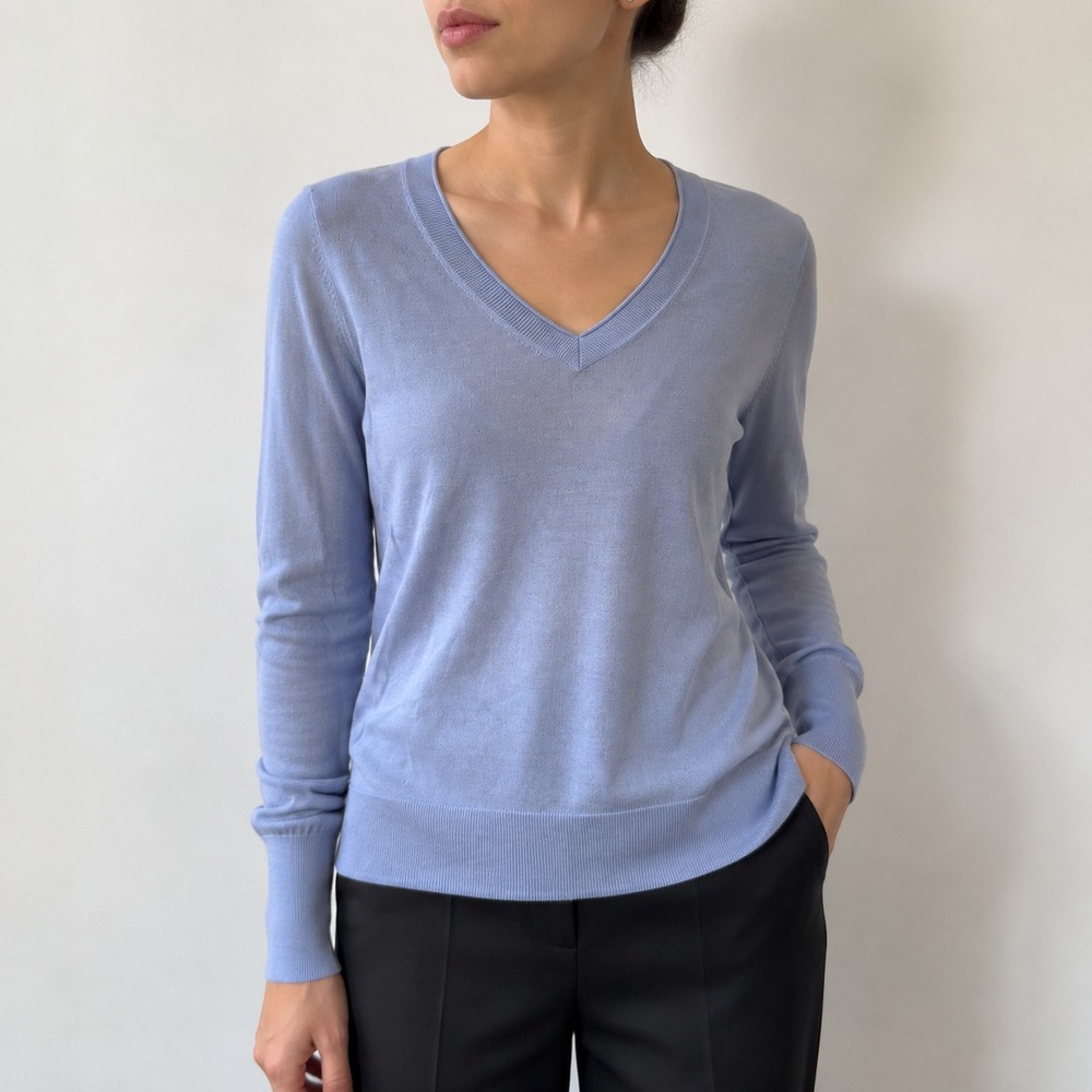 Halogen Merino Wool Blend V Neck Sweater Womens S Blue Lightweight LS Heritage